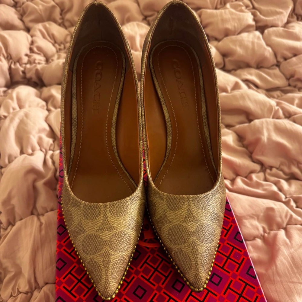 Coach Gold Signature Pointed Toe Pumps